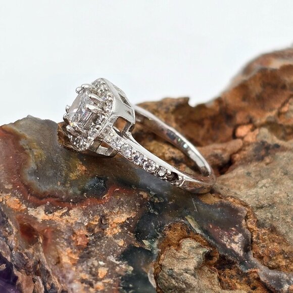 Sterling Silver 925 Halo Engagement Ring Size 3.75 Cushion Cut Cubic Zirconia - Picture 4 of 8